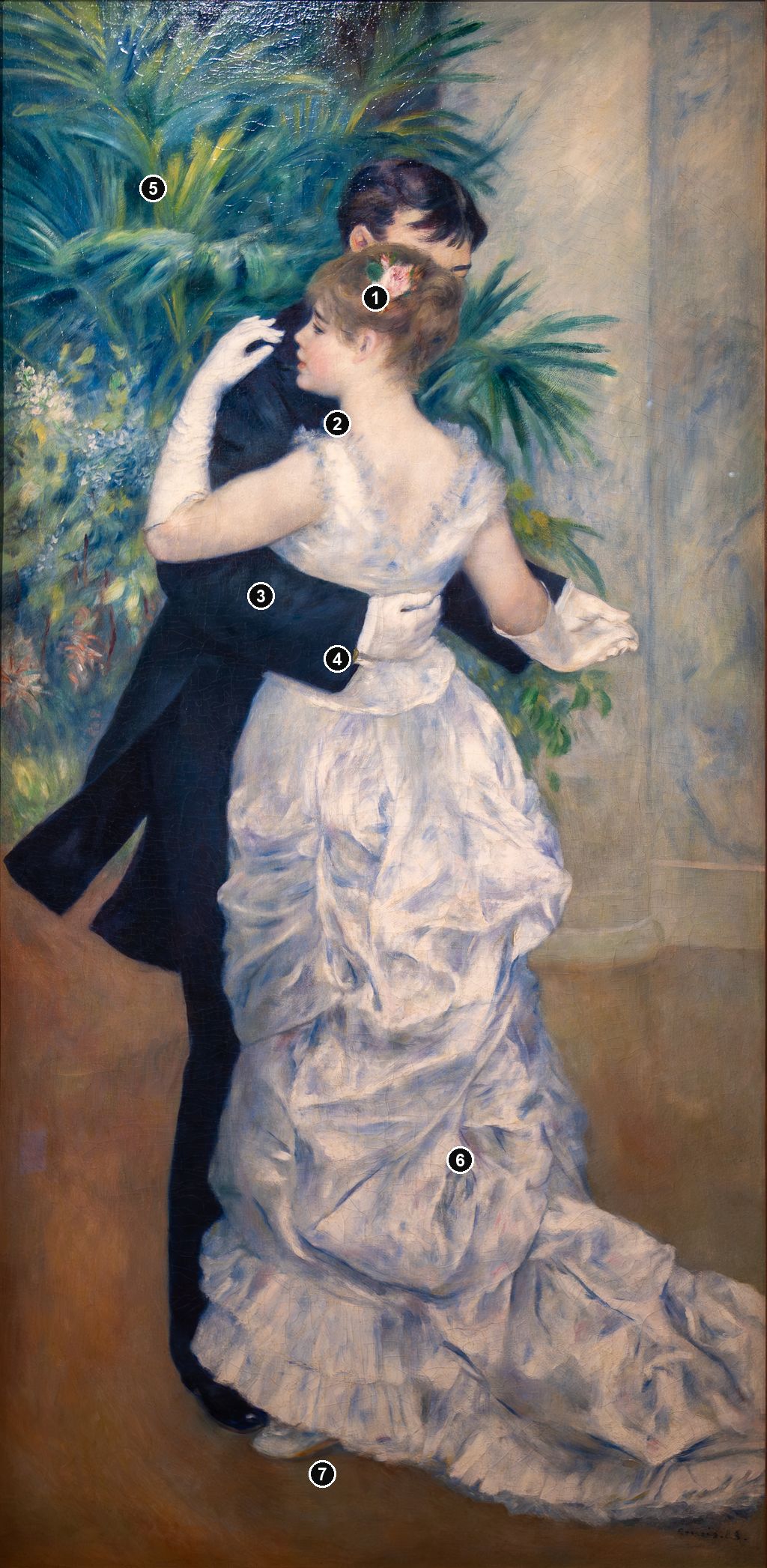 Annotated details from Dance in the City by Auguste Renoir